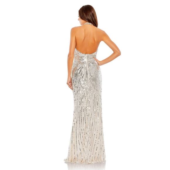 Mac Duggal Silver Embellished Keyhole Halter Strap Draped Gown Size 10 $498 5650 - Picture 3 of 12